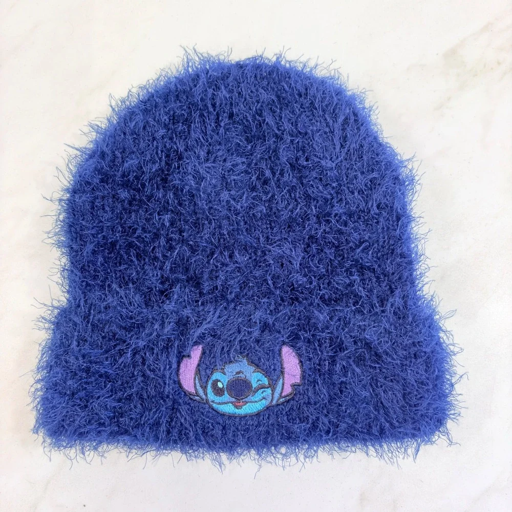 Y2K Gorpcore Beanie Fuzzy Eyelash Knit Disney Stitch Bioworld Women OS Blue